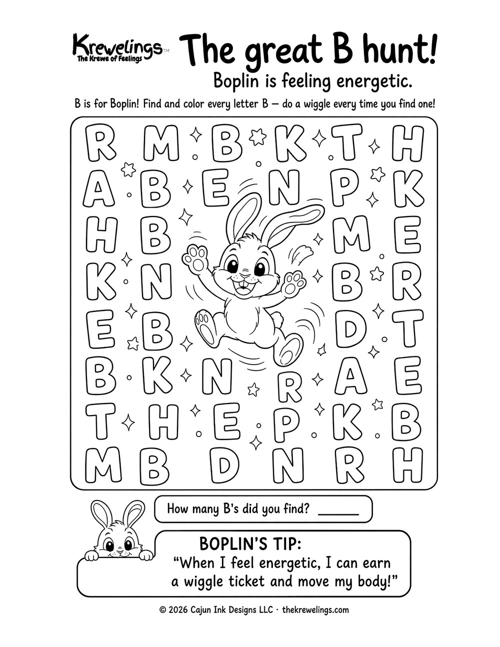 Sample activity page: The Great B Hunt, a letter-hunt puzzle for Boplin the bunny with Boplin tip at the bottom.