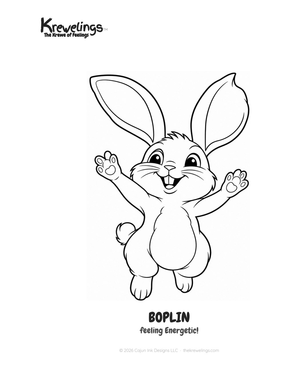 Sample coloring page: Boplin the bunny, feeling energetic, in bold clean line art.