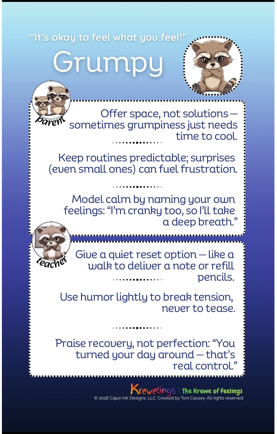 Back of the Rizzo Grumpy card, split into a parent section and a teacher section with three tips each.