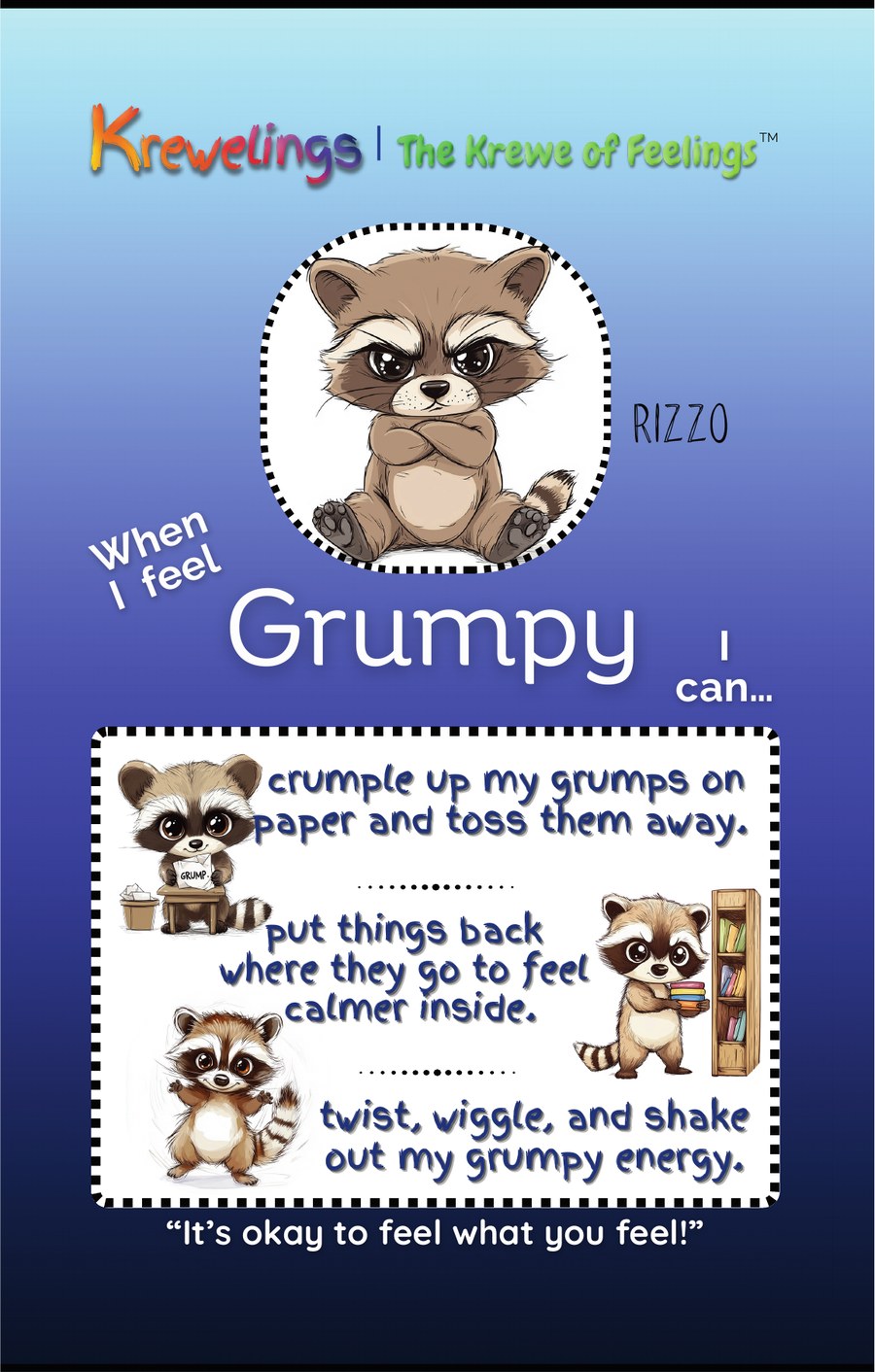 Front of the Rizzo the raccoon Grumpy card: When I feel Grumpy, I can, with three illustrated child coping tips.
