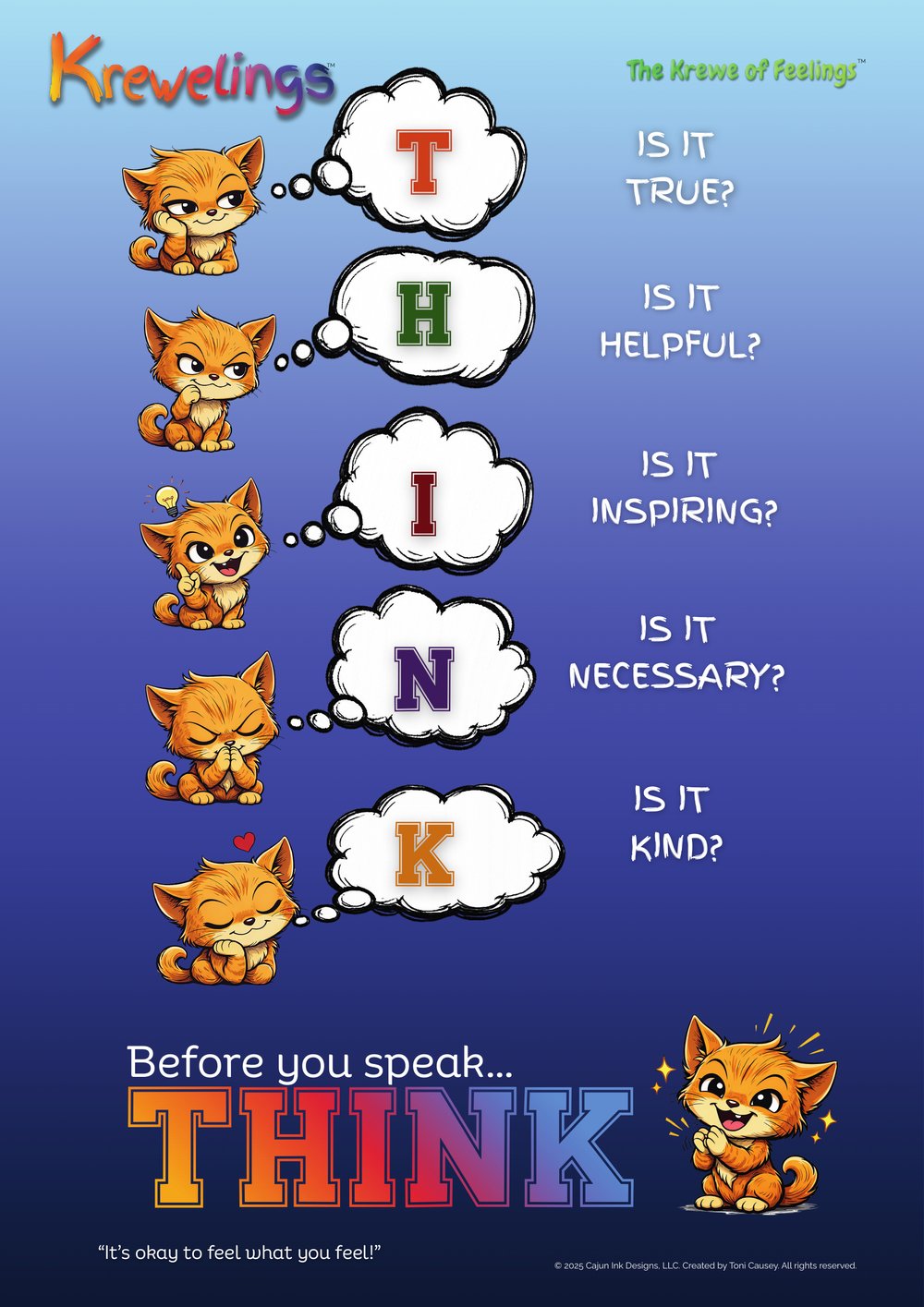Krewelings classroom poster: THINK Before You Speak, with Kip the kitten