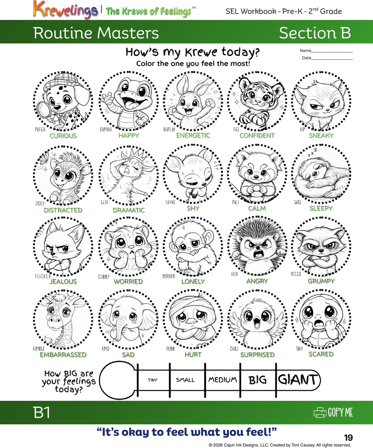 B1 How's My Krewe Today, a reproducible page with all twenty Krewelings characters to color and a feeling-size scale.