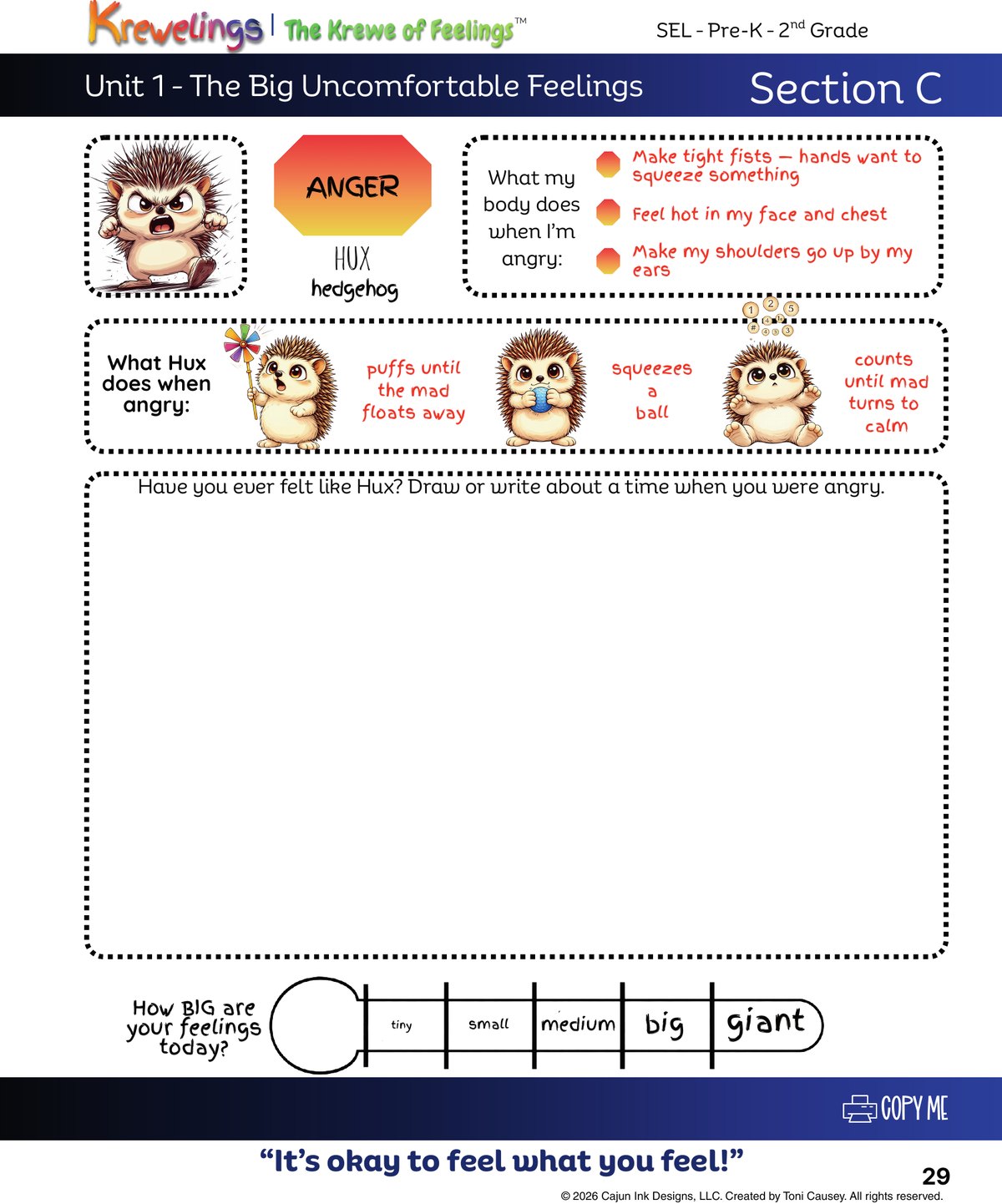 Child activity page for Hux the hedgehog, angry, with body clues, coping tools and a draw-or-write prompt.