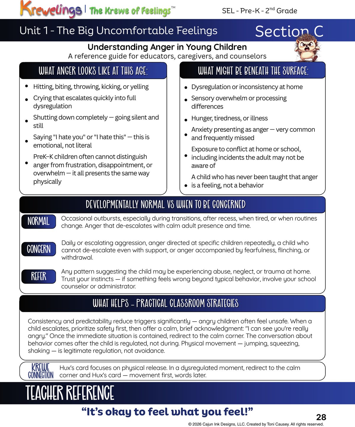 Teacher reference page: Understanding Anger in Young Children, from the Krewelings workbook.